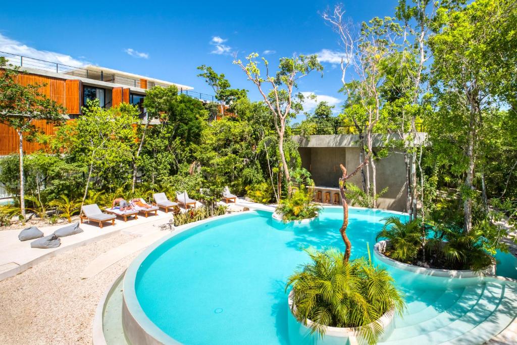 een buitenzwembad met stoelen en bomen bij Original studios by Casago in Tulum
