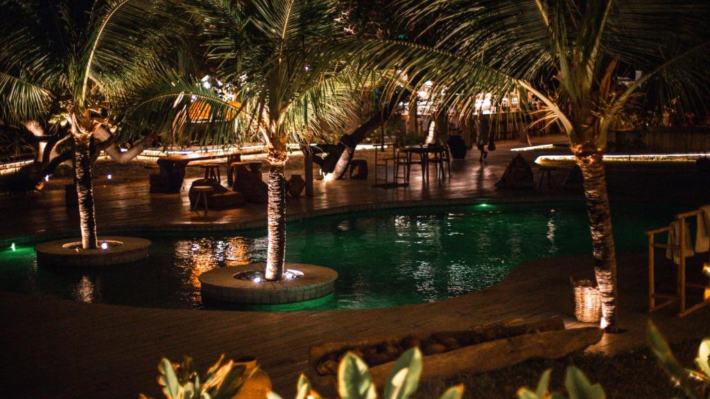 - une piscine avec des palmiers dans un complexe la nuit dans l'établissement Anacardier Privé Hotel, à Atins