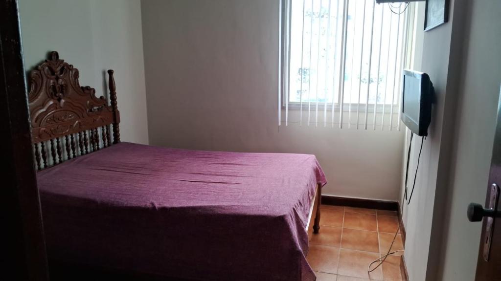 1 dormitorio con 1 cama con manta morada en Apartamento Guarapari Praia Castanheiras, en Guarapari