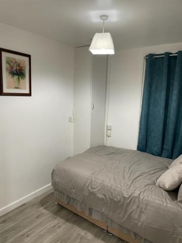 a bedroom with a bed with a blue curtain at Luxury 2 bedrooms flat Leytonstone in London