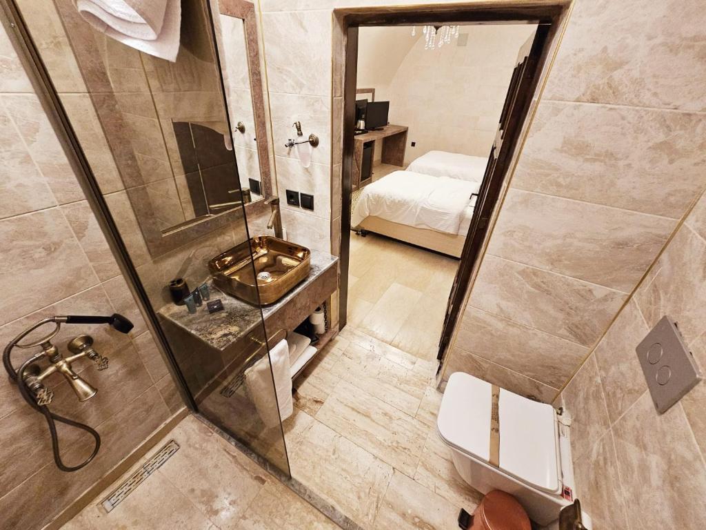 een badkamer met een douche, een wastafel en een spiegel bij Aslanbey Konağı Butik Otel in Acırlı