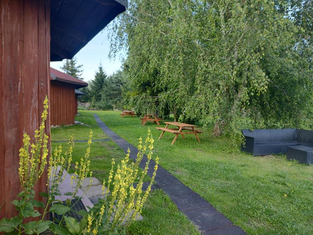 a garden with a picnic table and a bench at Chatka in Stegienka