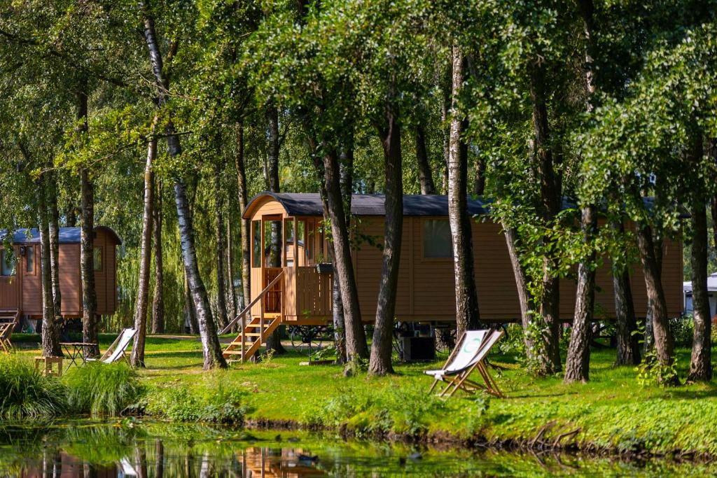 a cabin in the woods next to a lake with chairs at Glamping - 25 min Roermond, Maasmechelen & Maastricht in Kinrooi