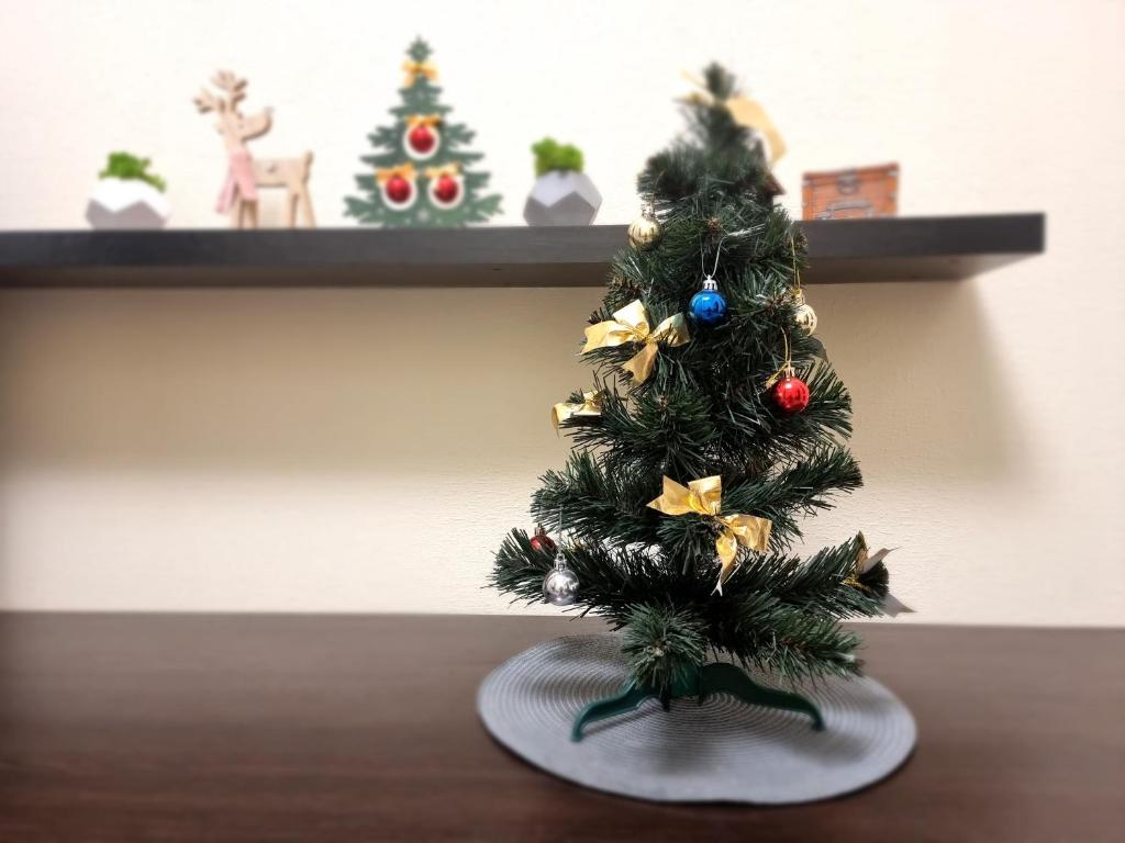 a small christmas tree sitting on a table at Cozy Apartment in Lviv