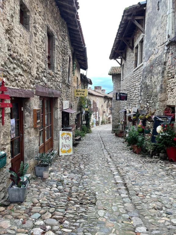 a cobblestone street in an old stone building at Chez Gabriel et Sophie in Pérouges