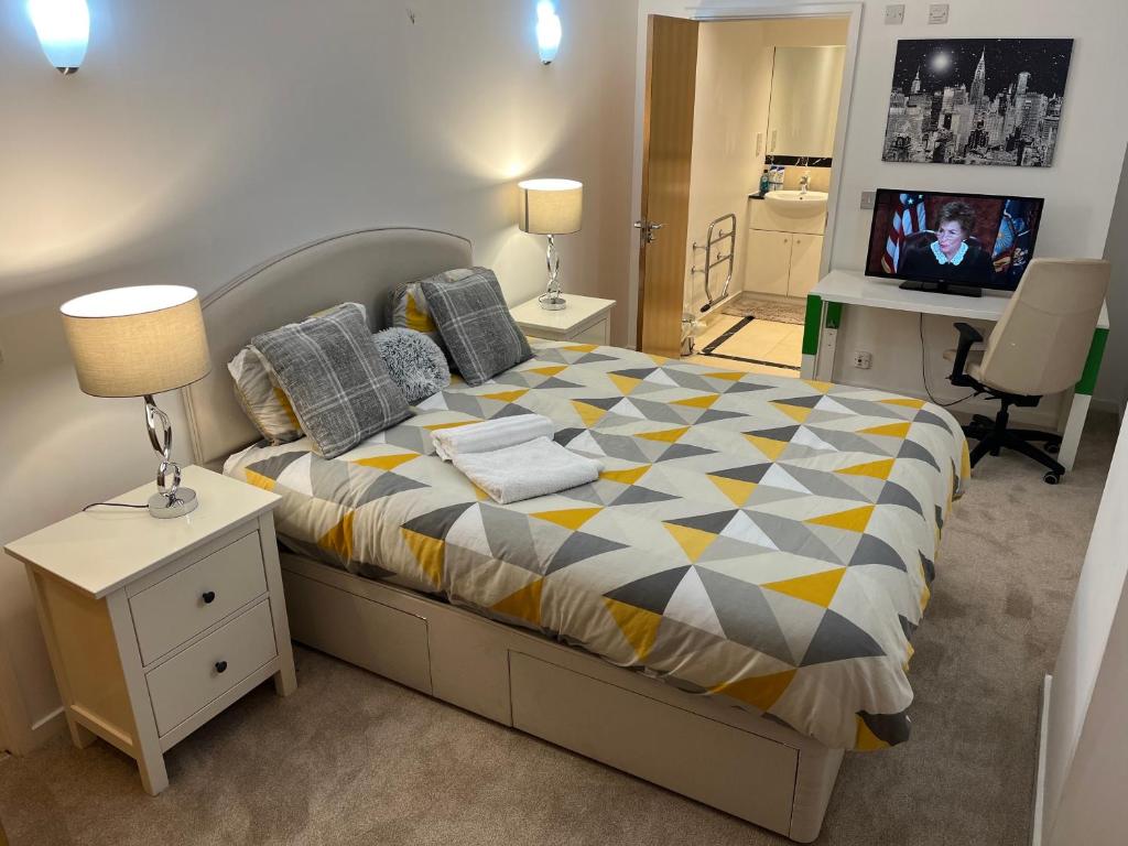 倫敦的住宿－Ensuite Room in Royal Victoria Excel O2 Arena London，一间卧室配有一张床和一台电视。