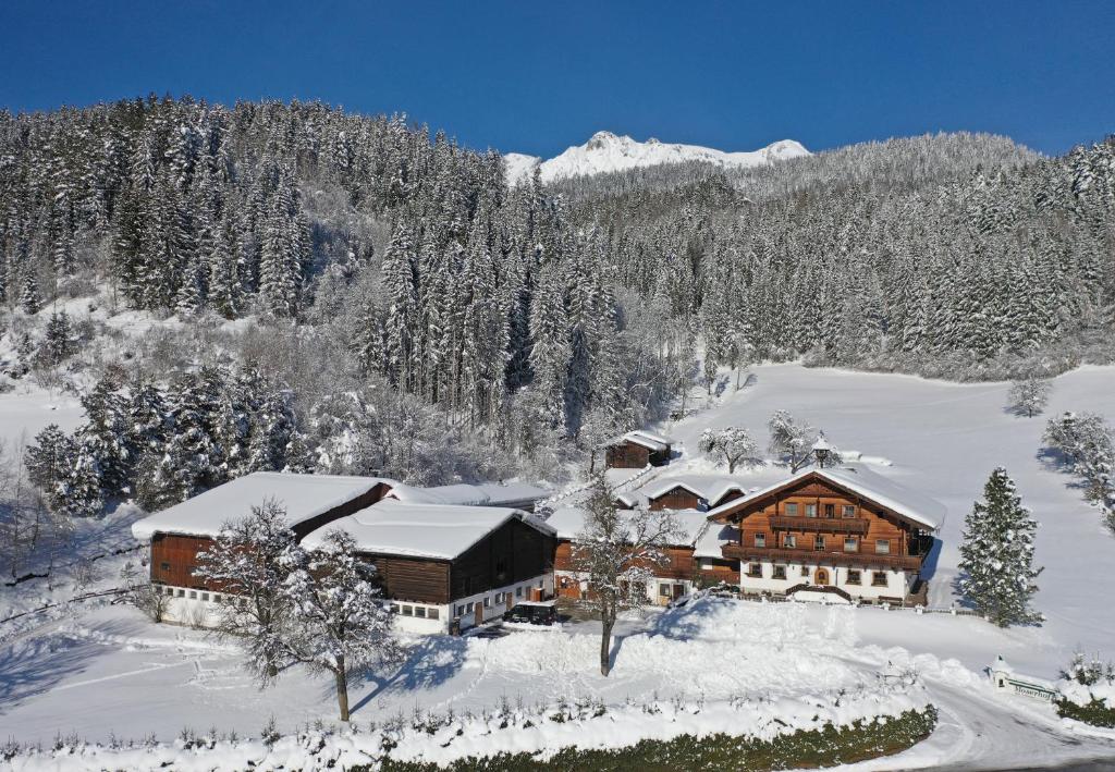 um edifício coberto de neve em frente a uma montanha em Moserhof em Schladming