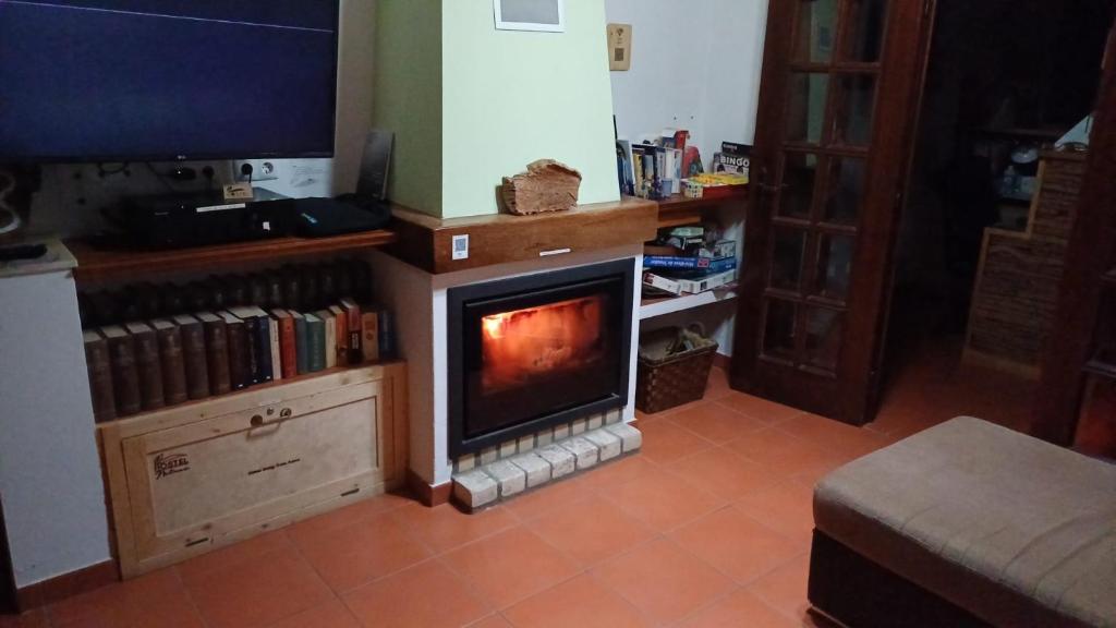 a fireplace in a living room with a tv at Hostel Nature in Zambujeira do Mar