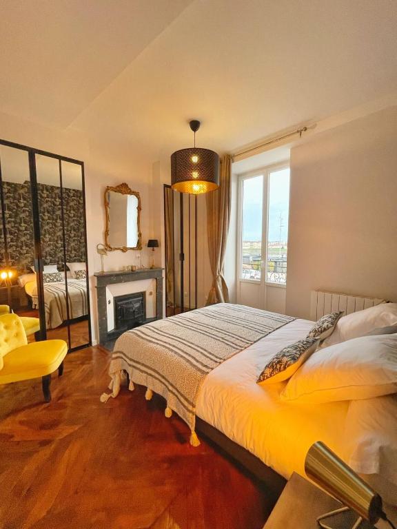 1 dormitorio con 1 cama grande y chimenea en Charming appartement with a view of the Saone, en Mâcon