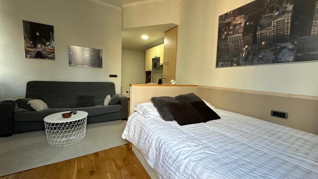 um quarto com uma cama e um sofá em Moderno estudio en Porta Do Sol em Vigo