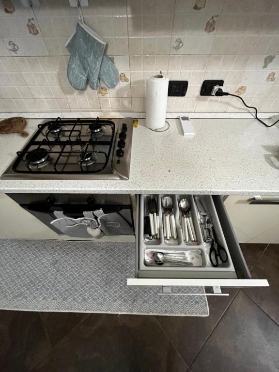 a kitchen with a stove top oven in a kitchen at La Palma apartment in Vigevano