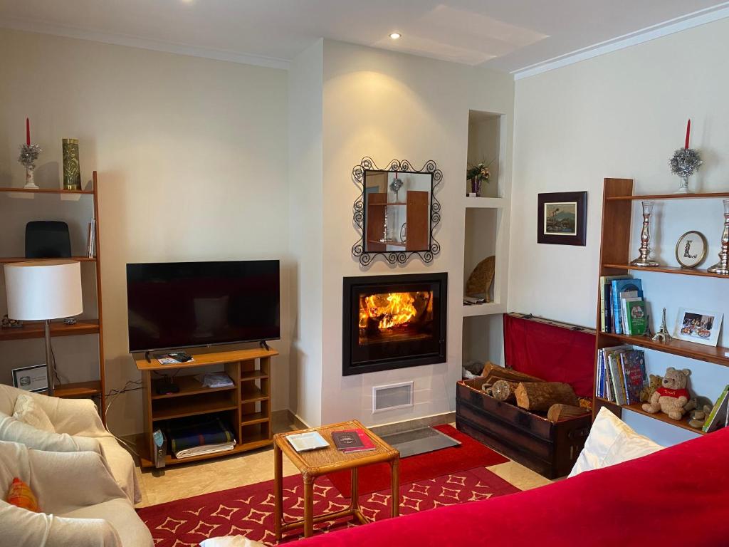 un salon avec une cheminée et un canapé dans l'établissement Chez Ilda - Casa da Ilda Alojamento Local, à Folhadal