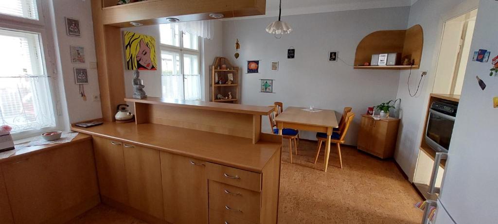 a kitchen with a counter and a table in it at Apartman U Parku in Dvůr Králové nad Labem