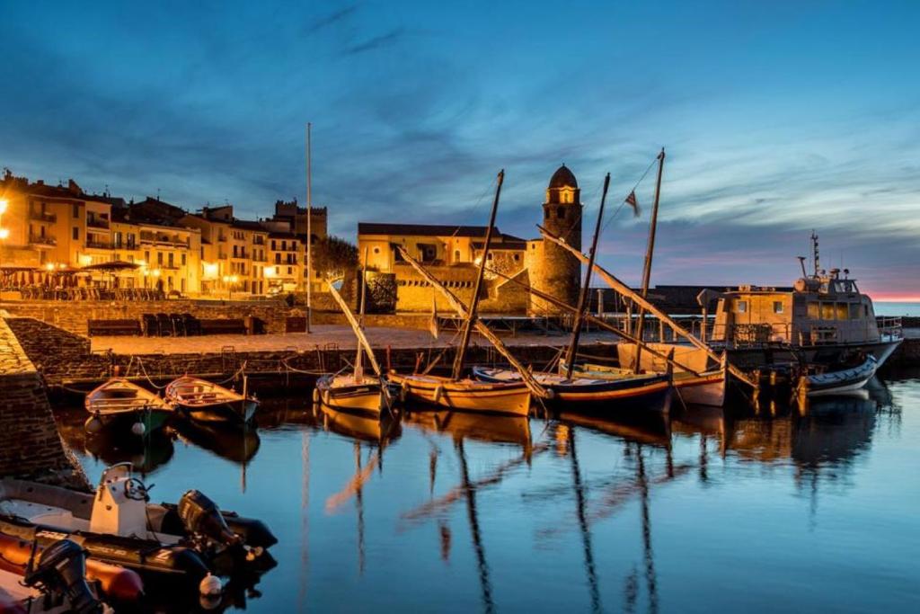 un grupo de barcos atracados en un puerto por la noche en F2 à Collioure avec piscine et tennis, en Collioure