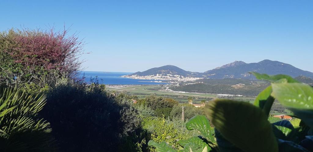 Elle offre une vue sur l'océan et les montagnes en arrière-plan. dans l'établissement Grand gîte dominant le golfe d'Ajaccio, à Bastelicaccia