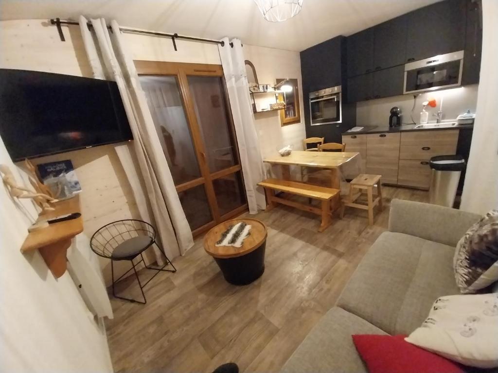 un petit salon avec un canapé et une cuisine dans l'établissement VALLOIRE, studio 22m2, tout à pied, remontées mécaniques à 100m, à Valloire