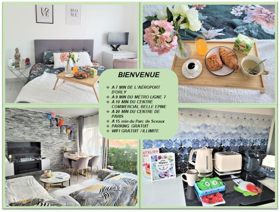 un collage di foto di una camera da letto e di un soggiorno di Magnifique appartement 10 min de Paris - Parking privée Gratuit a Chevilly-Larue