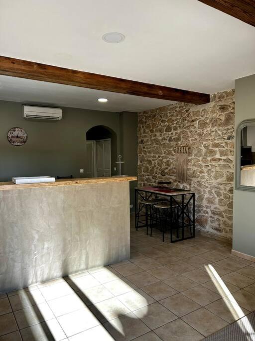 een keuken met een aanrecht en een tafel in een kamer bij Superbe appartement dans un mas in Nîmes