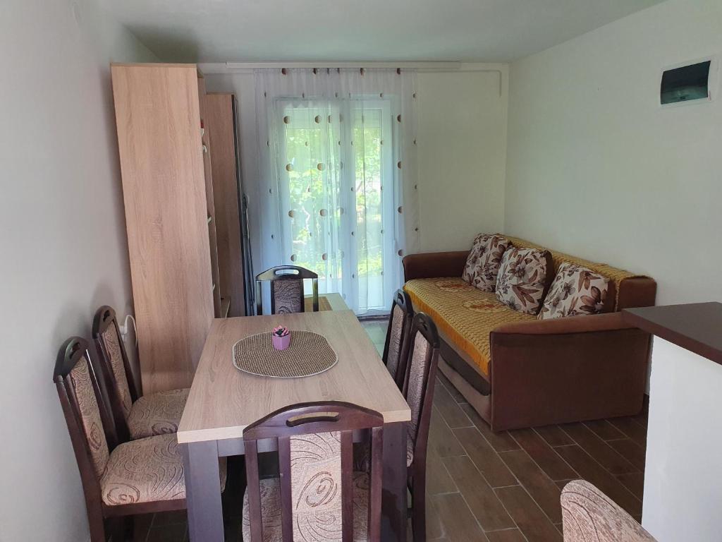 een woonkamer met een tafel en een bank bij Smeštaj Miki 2 in Soko Banja