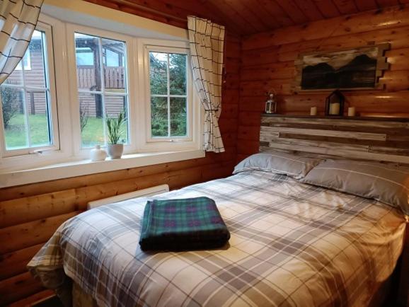 a bedroom with a bed in a log cabin at 299 Willow Lodge in Trawsfynydd