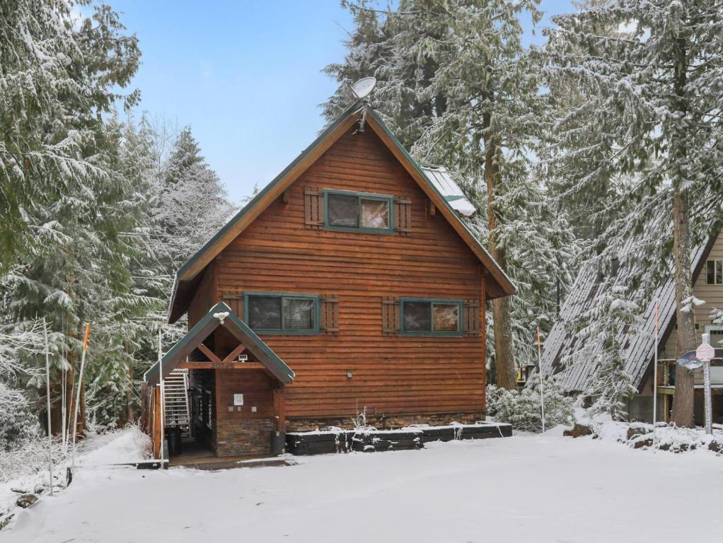a log cabin in the snow with trees at Govy Alpine Getaway in Government Camp