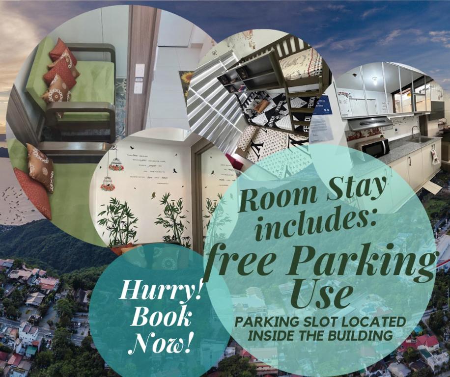 a rendering of a house with the words room stay includes free parking at Cool at Wind Residences Tagaytay with FREE Use of Parking Space at Basement Building in Tagaytay