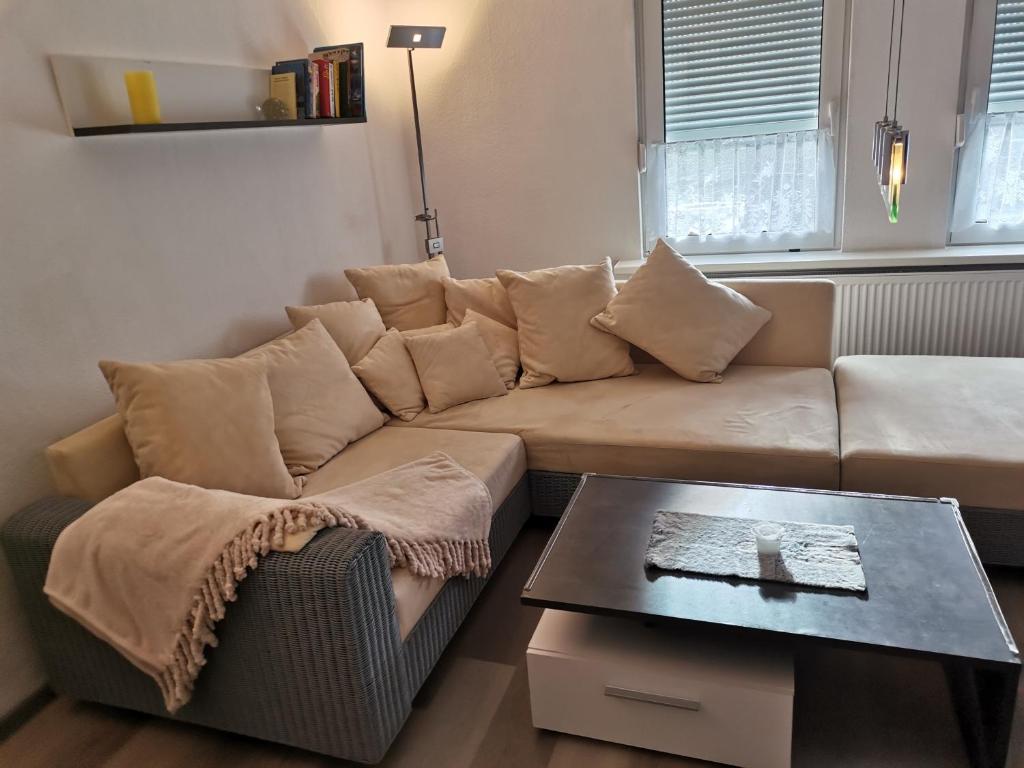 a living room with a couch and a coffee table at Im Harzer Vogelnest Spatzennest in Bad Harzburg