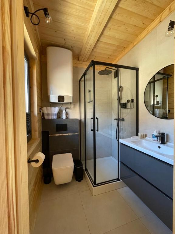 a bathroom with a shower and a toilet and a sink at Chill and Rest Apartments in Falsztyn