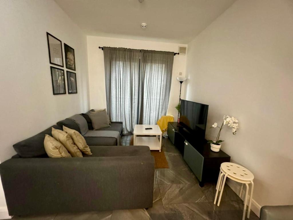 a living room with a couch and a tv at Lovely CroydonCentral apartment in Croydon