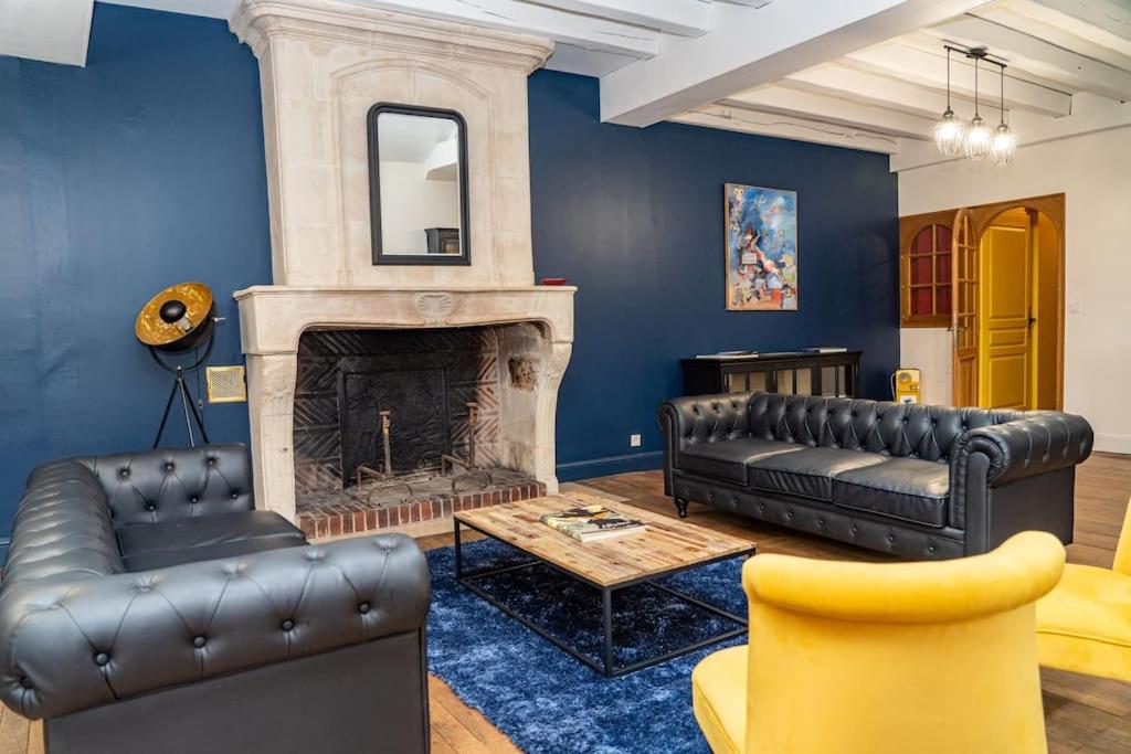 a living room with a couch and a fireplace at Maison de caractère du XVIII siècle in Saint-Aignan