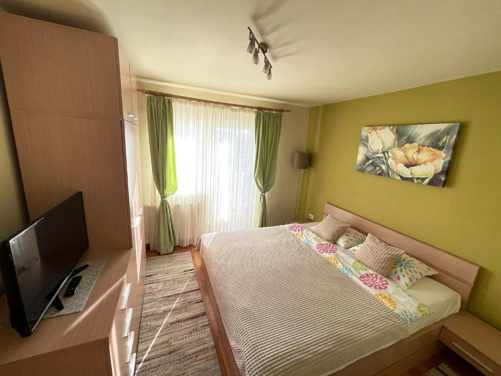 Apartment Cristian في تيميشوارا: غرفة نوم صغيرة بها سرير وتلفزيون