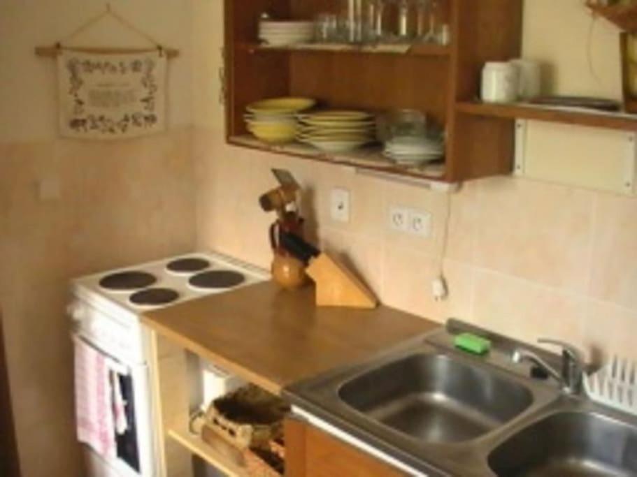 Kuchyň nebo kuchyňský kout v ubytování Nádherný klidný apartmán s infrasaunou
