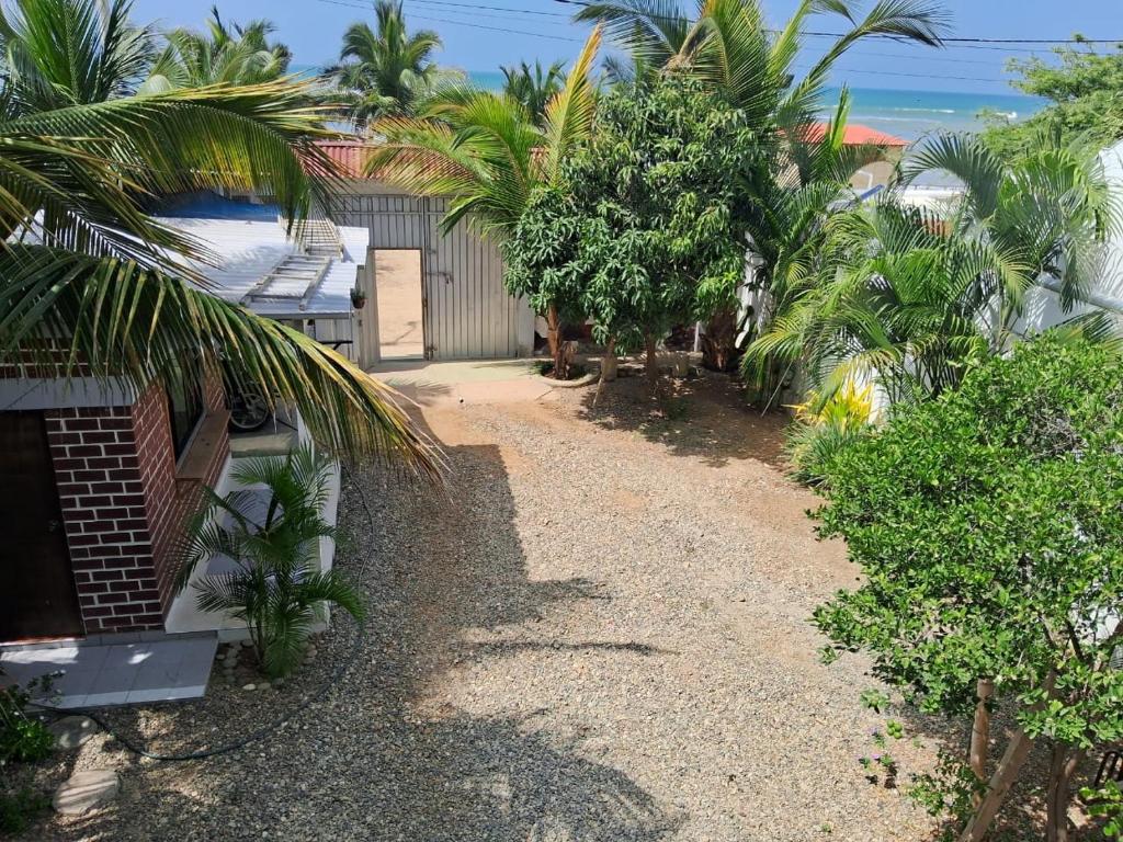 a pathway leading to a house with palm trees at Dylan Beach in Zorritos