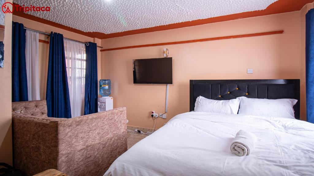 1 dormitorio con 1 cama y TV en la pared en Hafy's studio apartments, en Nairobi