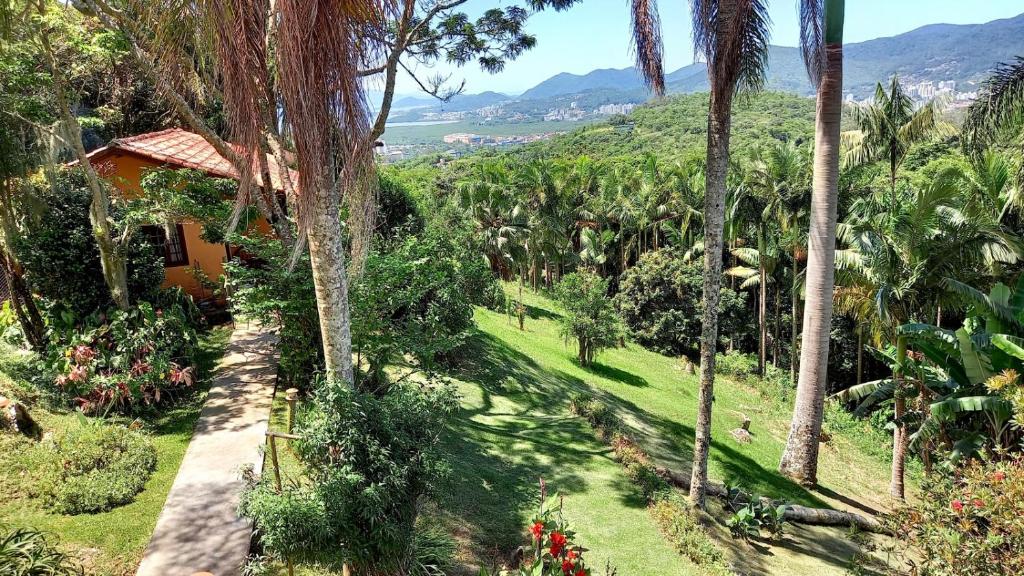 uma vista para um jardim com palmeiras e uma casa em Casa Vista Panorâmica em Florianópolis