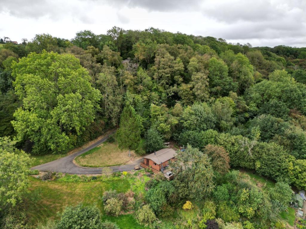 an aerial view of a house in the woods at Mountain View Lodge in Ludlow