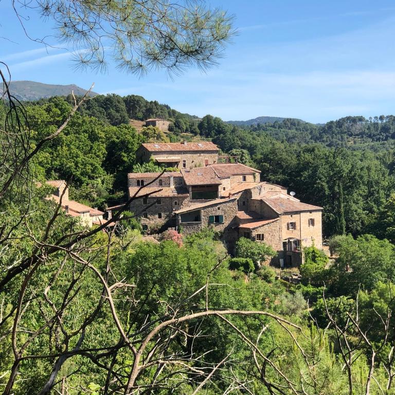 un village au sommet d'une colline plantée d'arbres dans l'établissement Maison de hameau avec vue imprenable et piscine, à Sanilhac