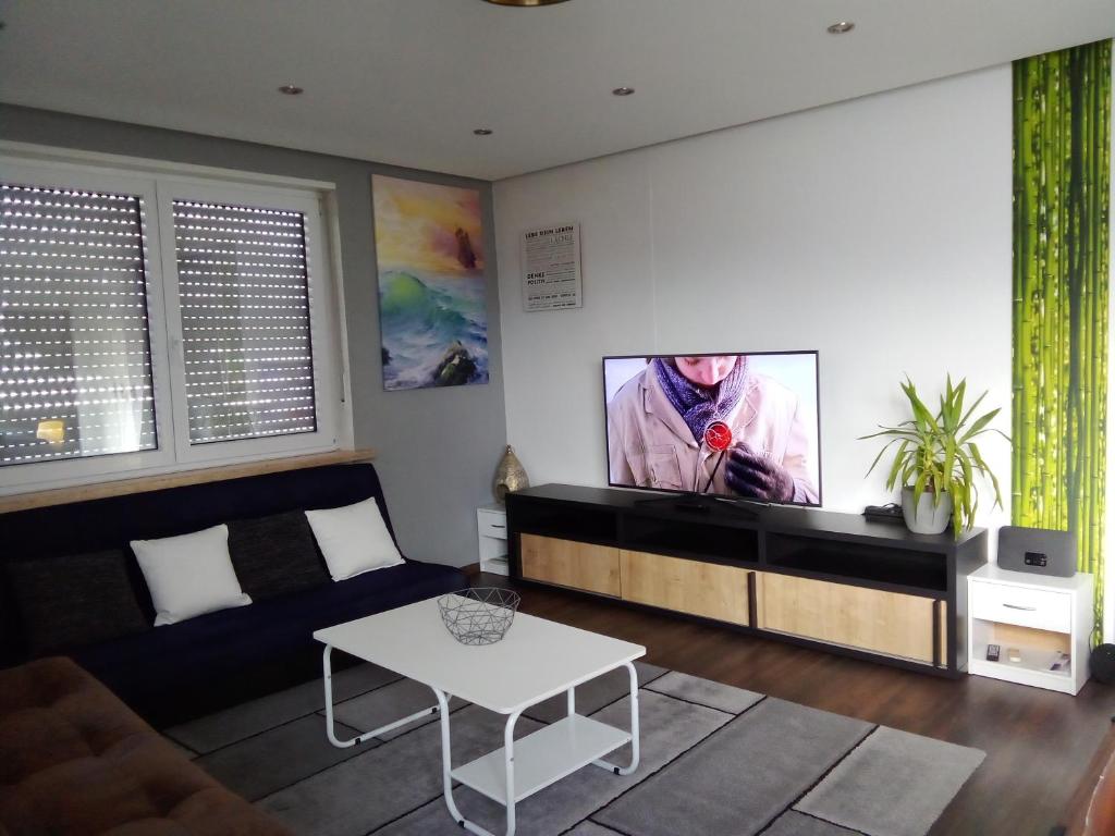 a living room with a couch and a flat screen tv at MitZeit 2 -95qm inclusive Balkon in Augsburg
