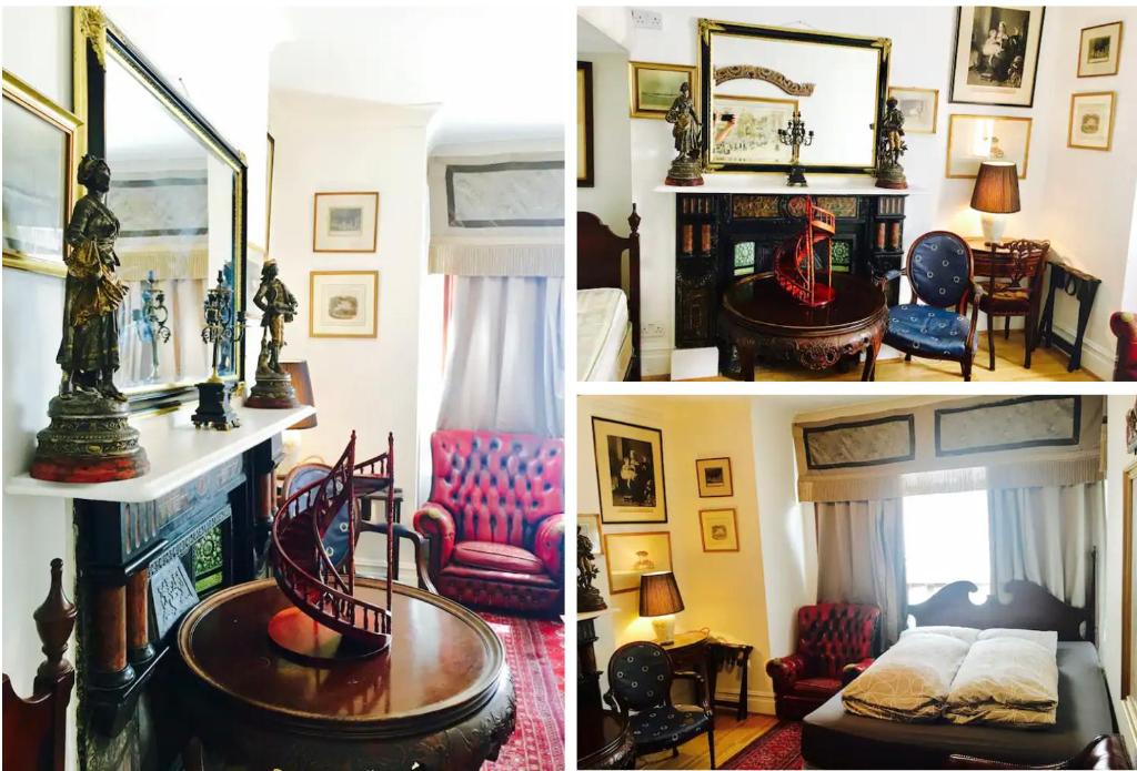 3 vistas diferentes de una sala de estar y una habitación en Quality and very good value private accommodation in London close to Notting Hill Zone 2, en Londres
