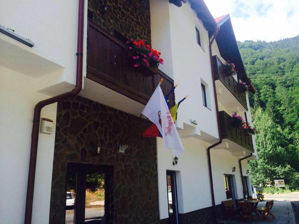 a building with a flag on the side of it at Hotel Popasul Regelui Transalpina in Tău Bistra