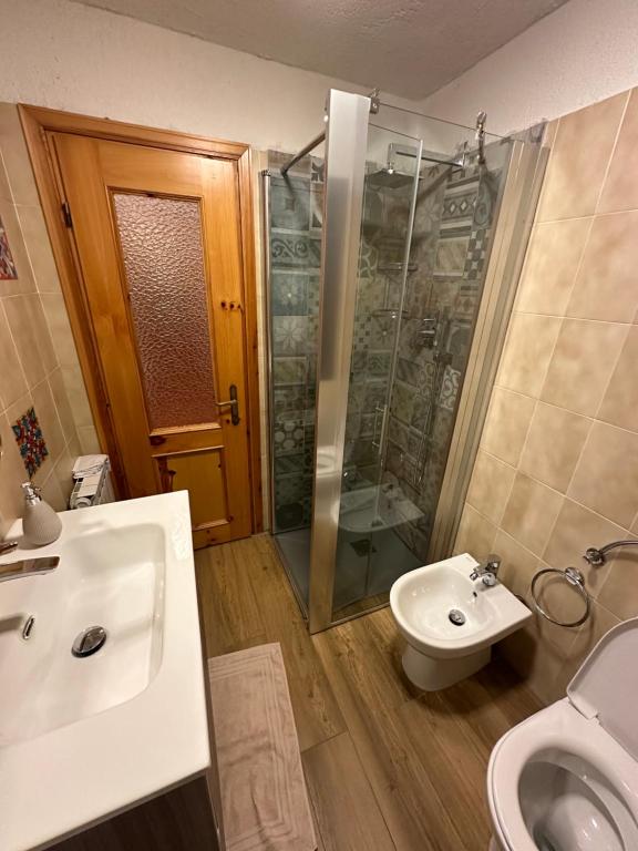 a bathroom with a shower and a sink and a toilet at Le chalet du skieur in La Thuile