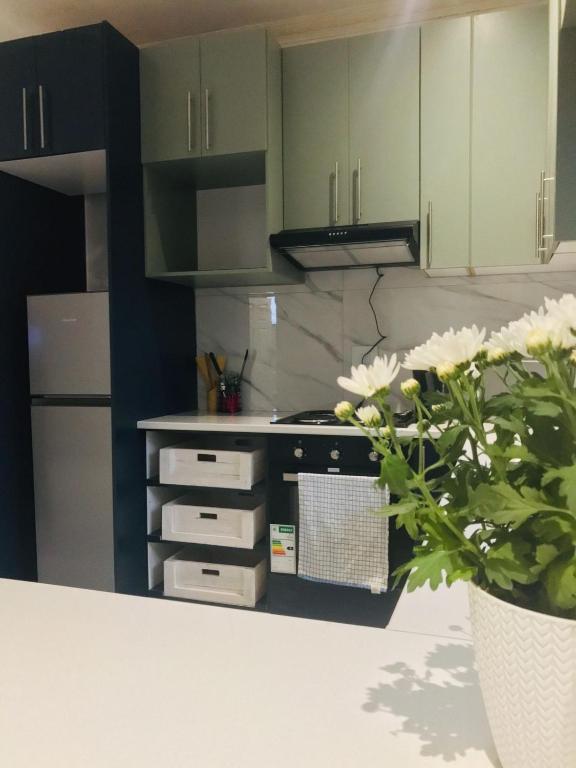 a kitchen with green cabinets and a vase of flowers at KaMageba Palace in Durban