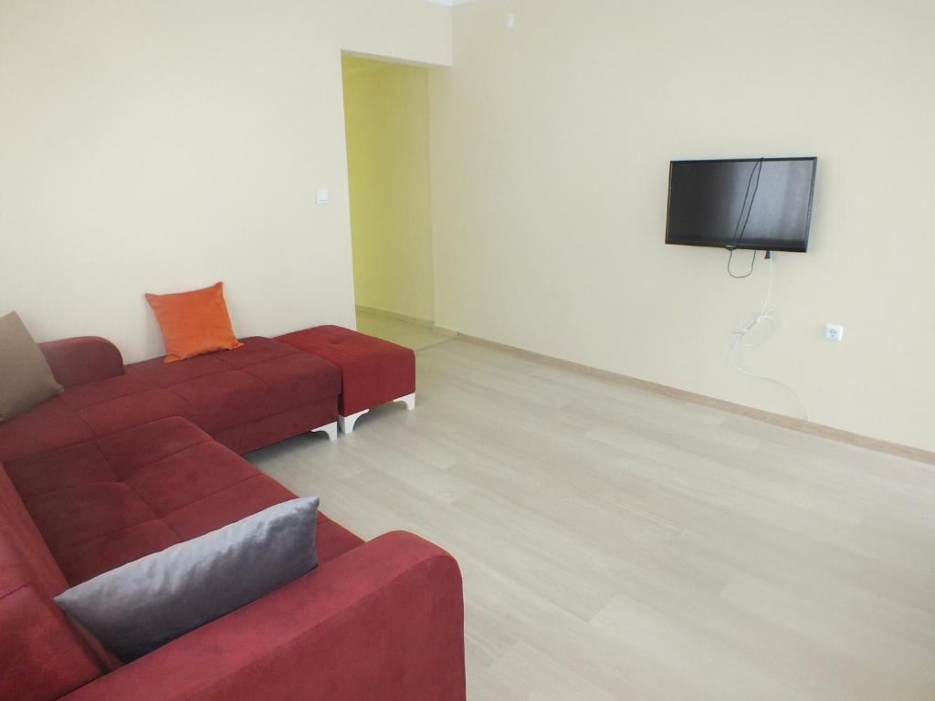安卡拉的住宿－Civan Apart，客厅配有红色沙发和平面电视
