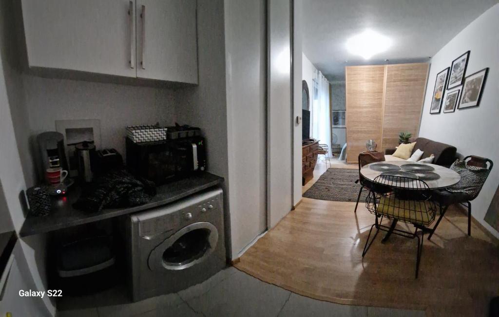 Il comprend une cuisine et un salon avec une table et un lave-linge. dans l'établissement Saint Ouen Appartement cosy, à Saint-Ouen
