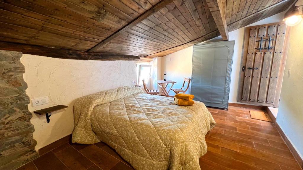 a bedroom with a bed and a wooden ceiling at Estudio o Apartamento Toni in Alcalá del Júcar