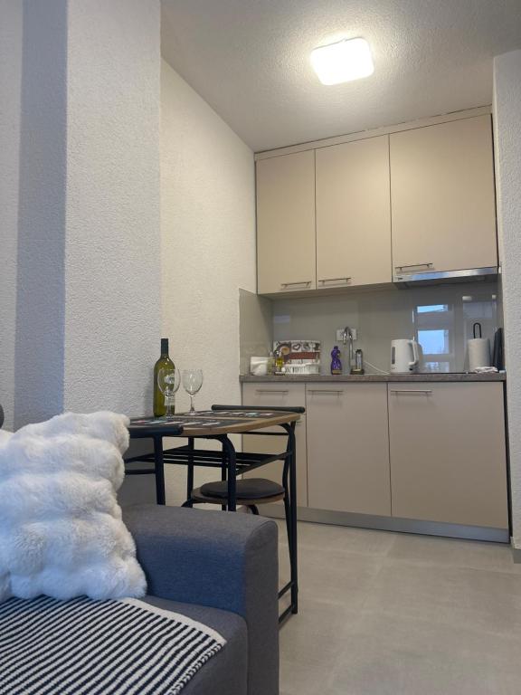 ヤホリナにあるBeggy Jahorinaのテーブルとキッチンのあるリビングルーム