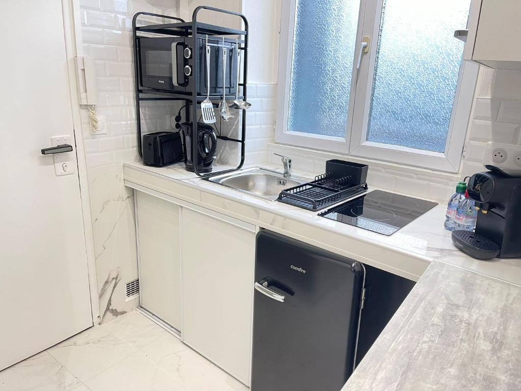 een kleine keuken met een wastafel en een koelkast bij Appartement cosy aux portes de Paris in Alfortville