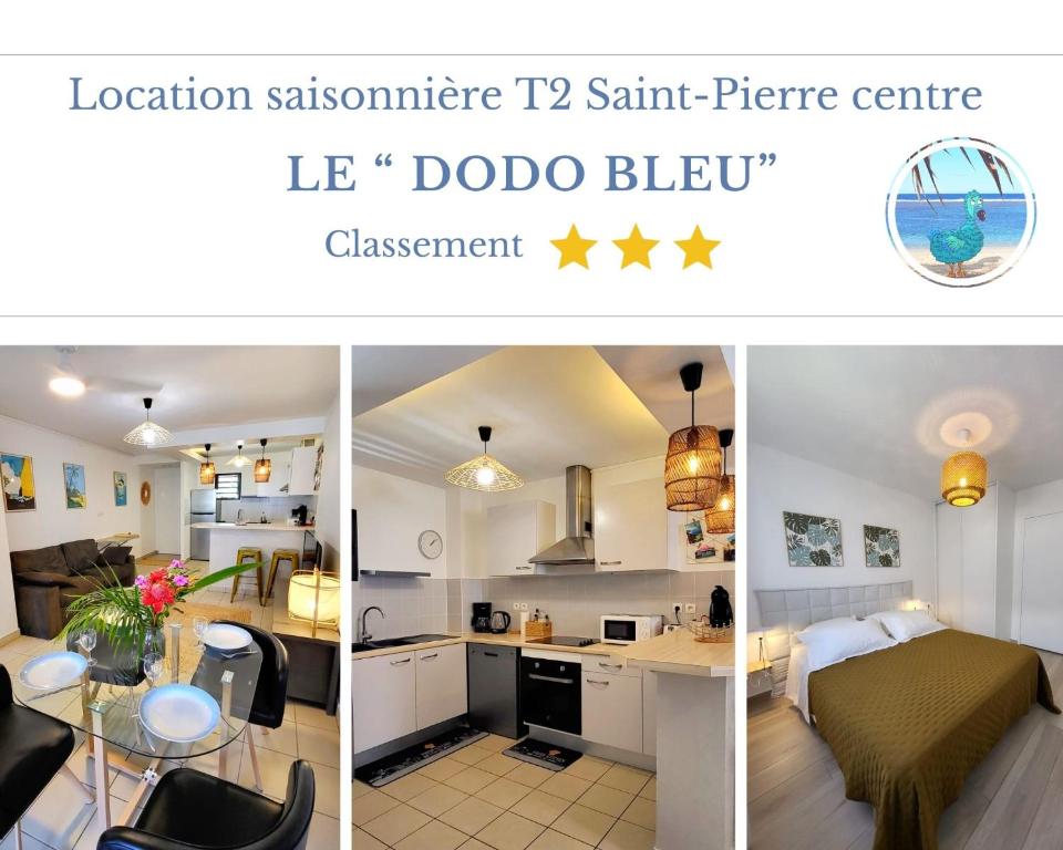 a collage of three pictures of a kitchen and a living room at Le dodo bleu in Saint-Pierre