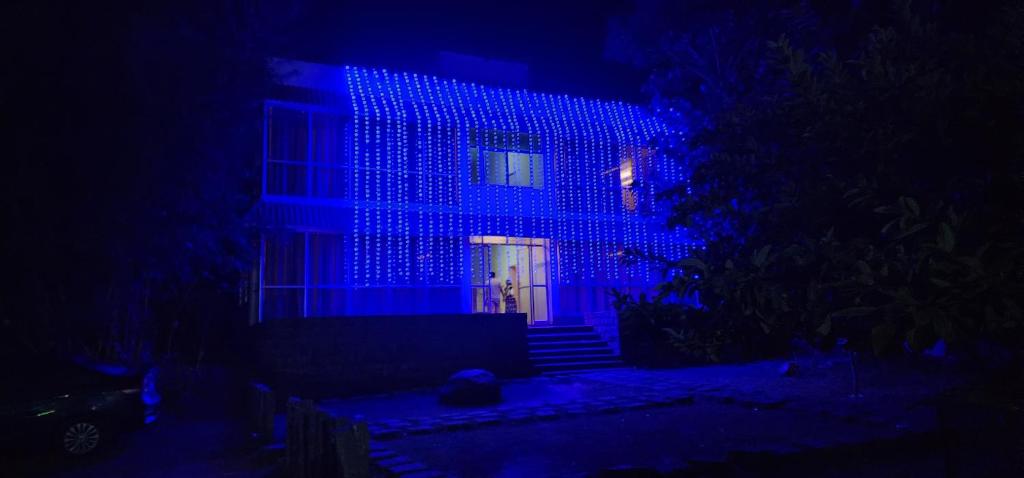 a building with blue lights on it at night at Glass House - The Farm in Yelagiri