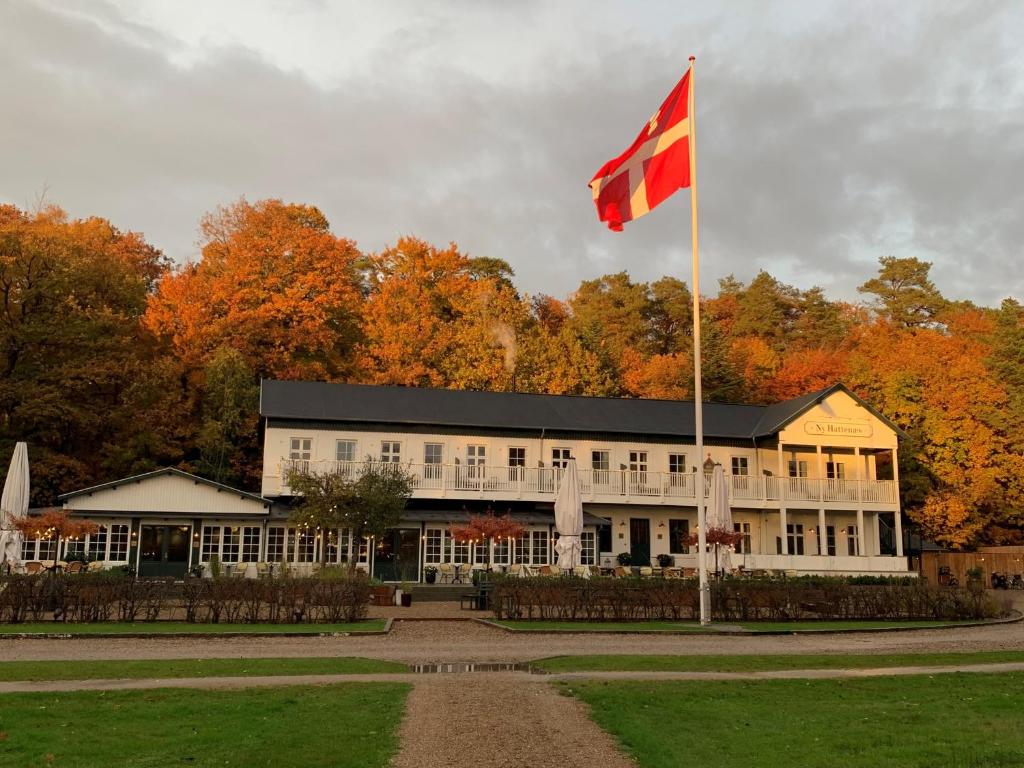 una bandiera battente di fronte a un edificio di Hotel Ny Hattenæs a Silkeborg